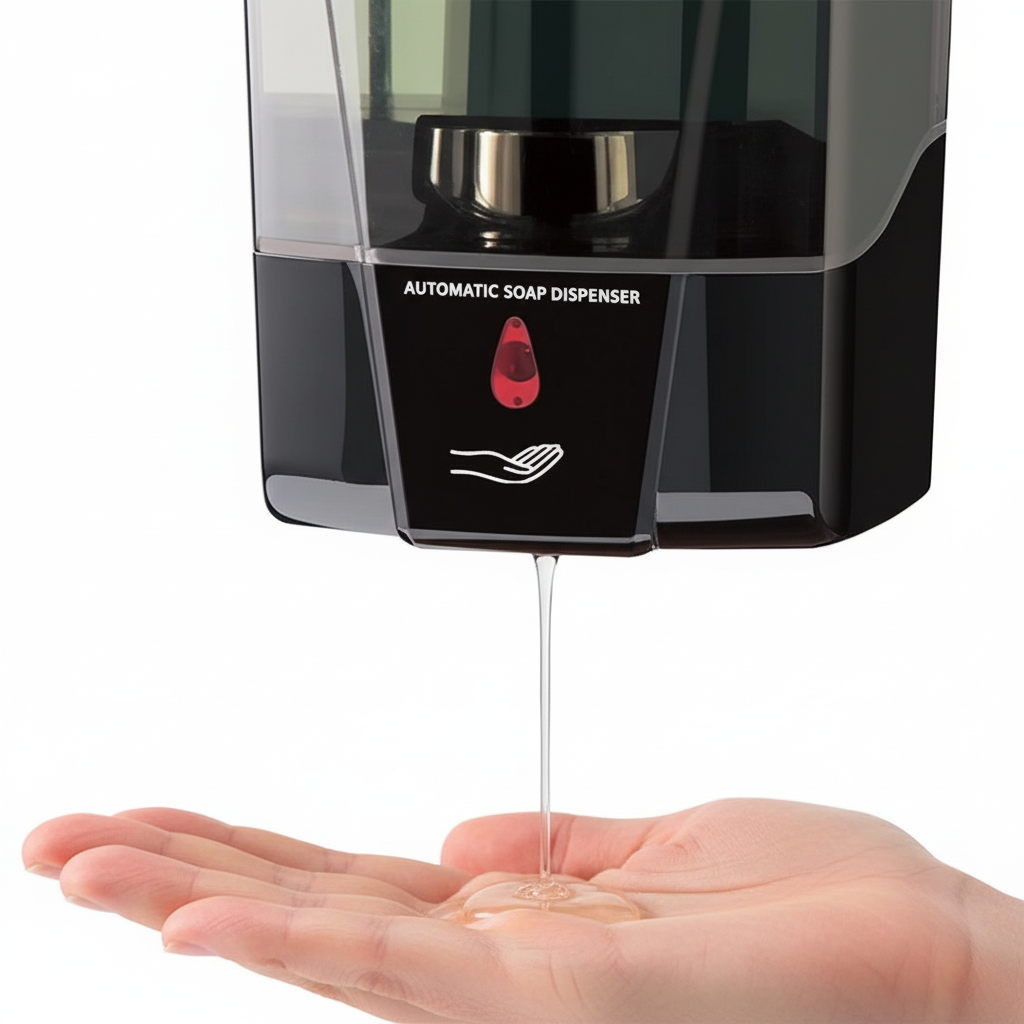 Automatic Soap Dispenser Dispensing Liquid Soap into Palm Close-Up