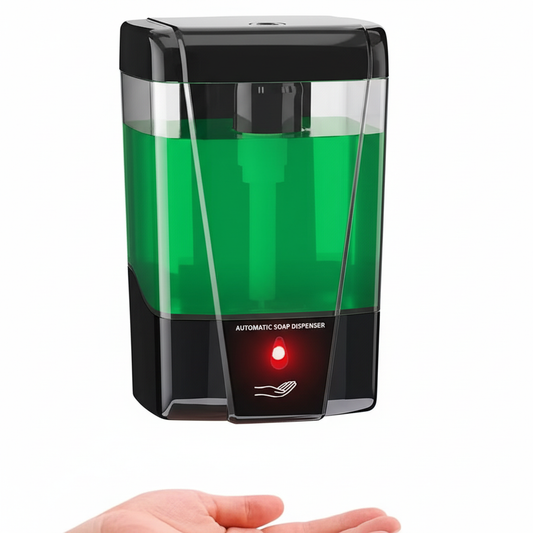 Close-Up of Transparent Soap Tank and Red LED Indicator on Black Dispenser