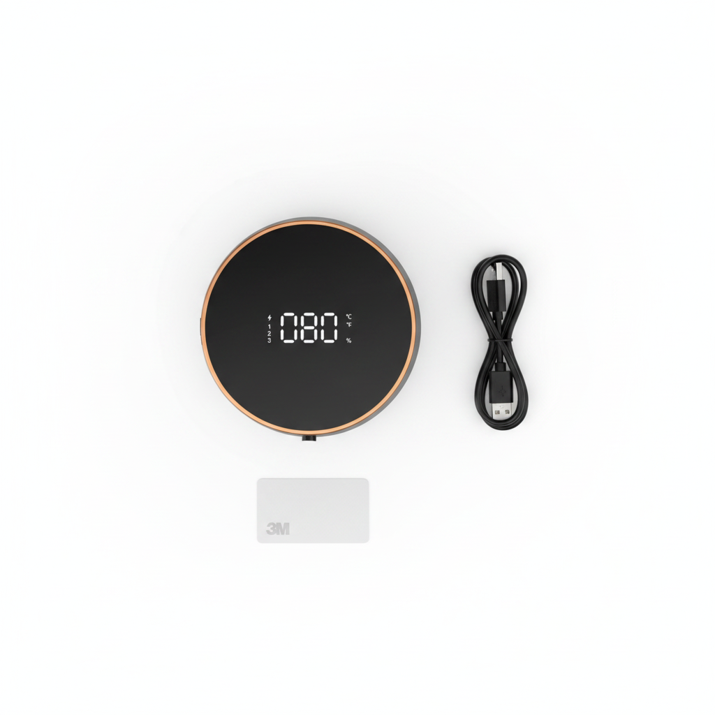 Foam Soap Dispenser Package Contents Flat Lay with USB Cable and 3M Pad