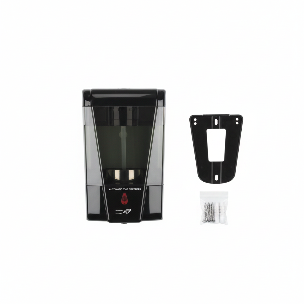 Soap Dispenser Package Contents Flat Lay with Bracket and Mounting Hardware