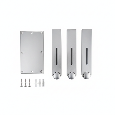 Triple Soap Dispenser Package Contents Flat Lay with Bracket and Hardware